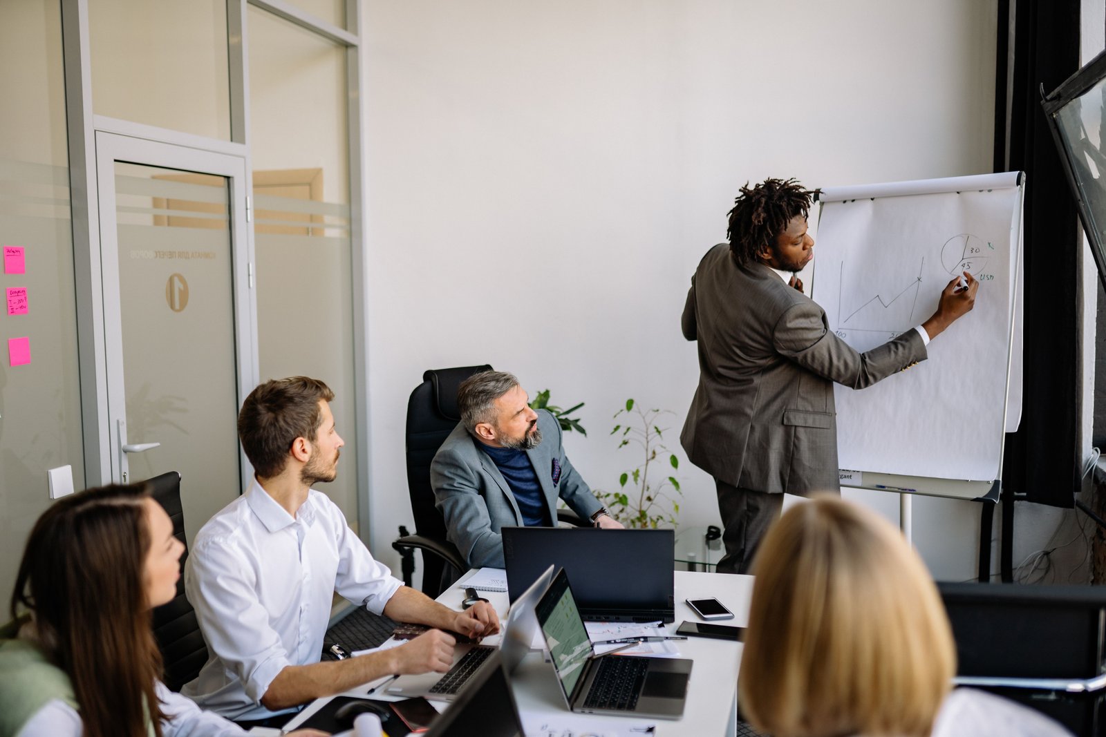 Diverse team reviewing digital marketing strategy in a modern office