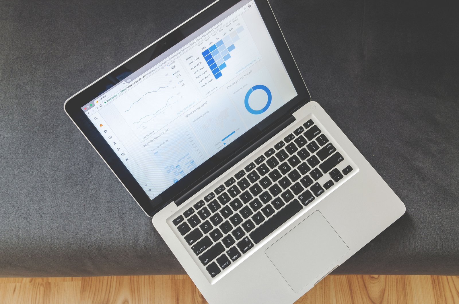 Laptop showing data visualizations used in SEO analysis